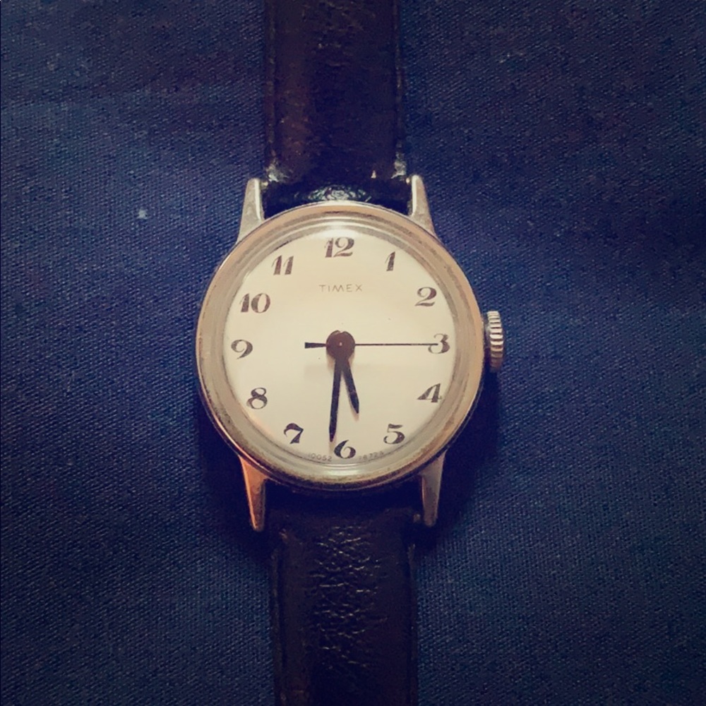 Vintage Black Leather Band Stainless Timex Watch